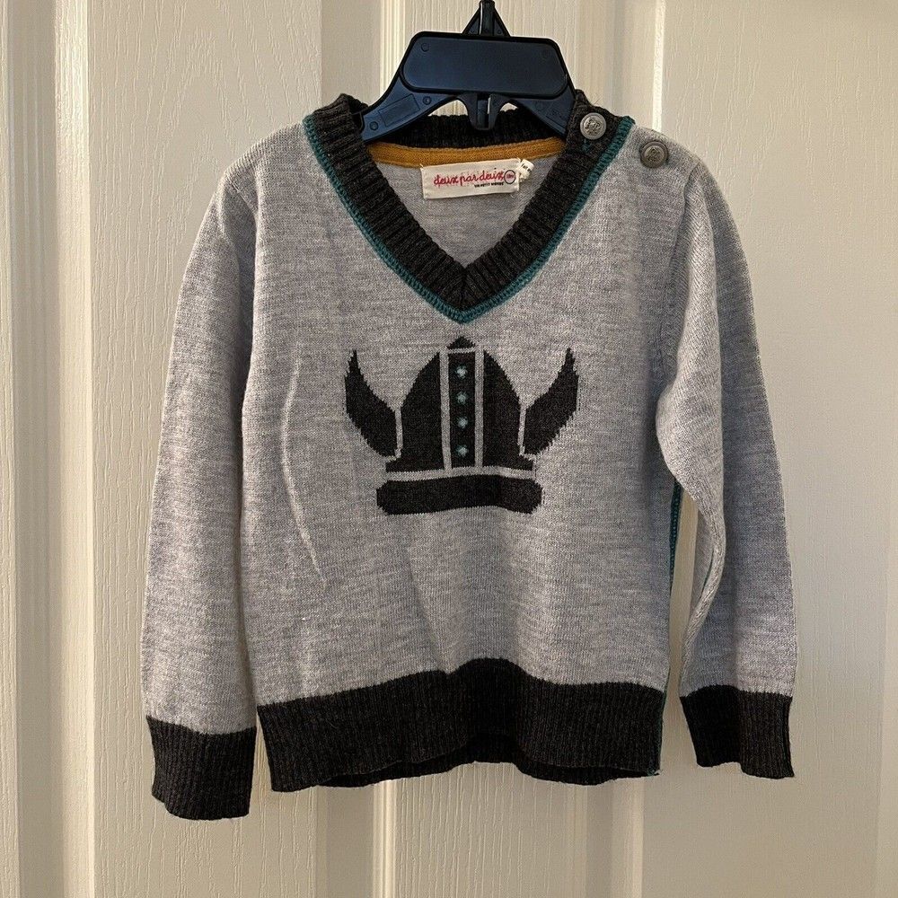 DEUX PAR DEUX Boys Pullover Sweater Like a Viking Gray Wool Angora SZ 18 Months